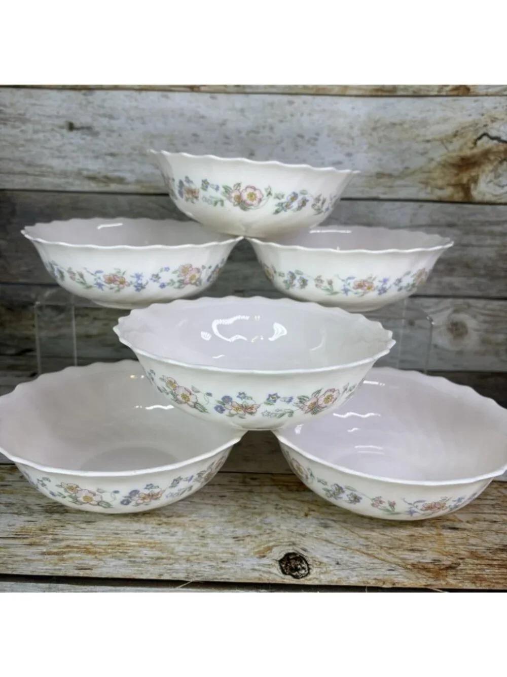 Arcopal CHAMPETRE Pink Blue Flower Ivory Scalloped France Cereal Bowls Set of 6